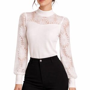 SHEIN White Lace Mock Neck Blouse | NWOT | Floral Sleeve Top (Size: M)